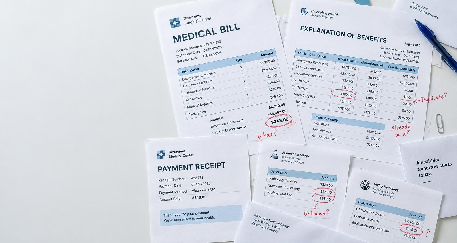 Medical bills, insurance explanations, and receipts marked with red circles and questions about confusing charges.