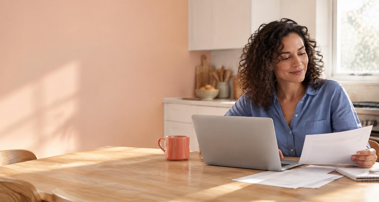 A woman calmly reviewing healthcare paperwork at home.